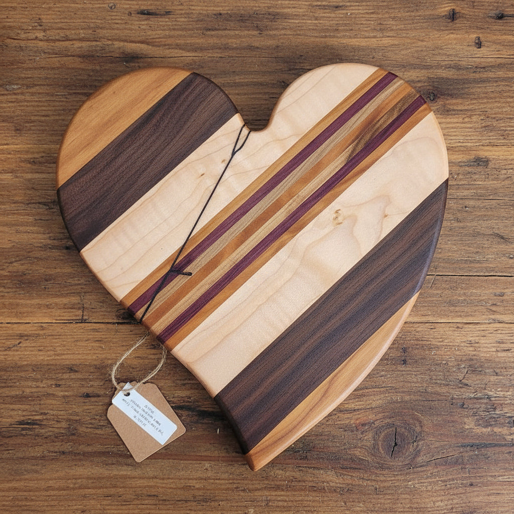 Curly Maple, Ambrosia Maple, Cherry, Purpleheart & Black Walnut Heart‑Shaped Cutting Board – 10" x 0.75"