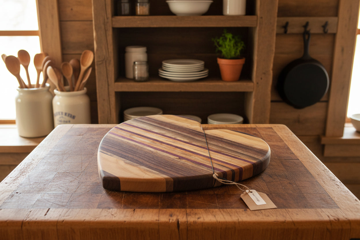 Ambrosia Maple, Cherry, Purpleheart & Black Walnut Heart‑Shaped Cutting Board – 12" x 0.75"