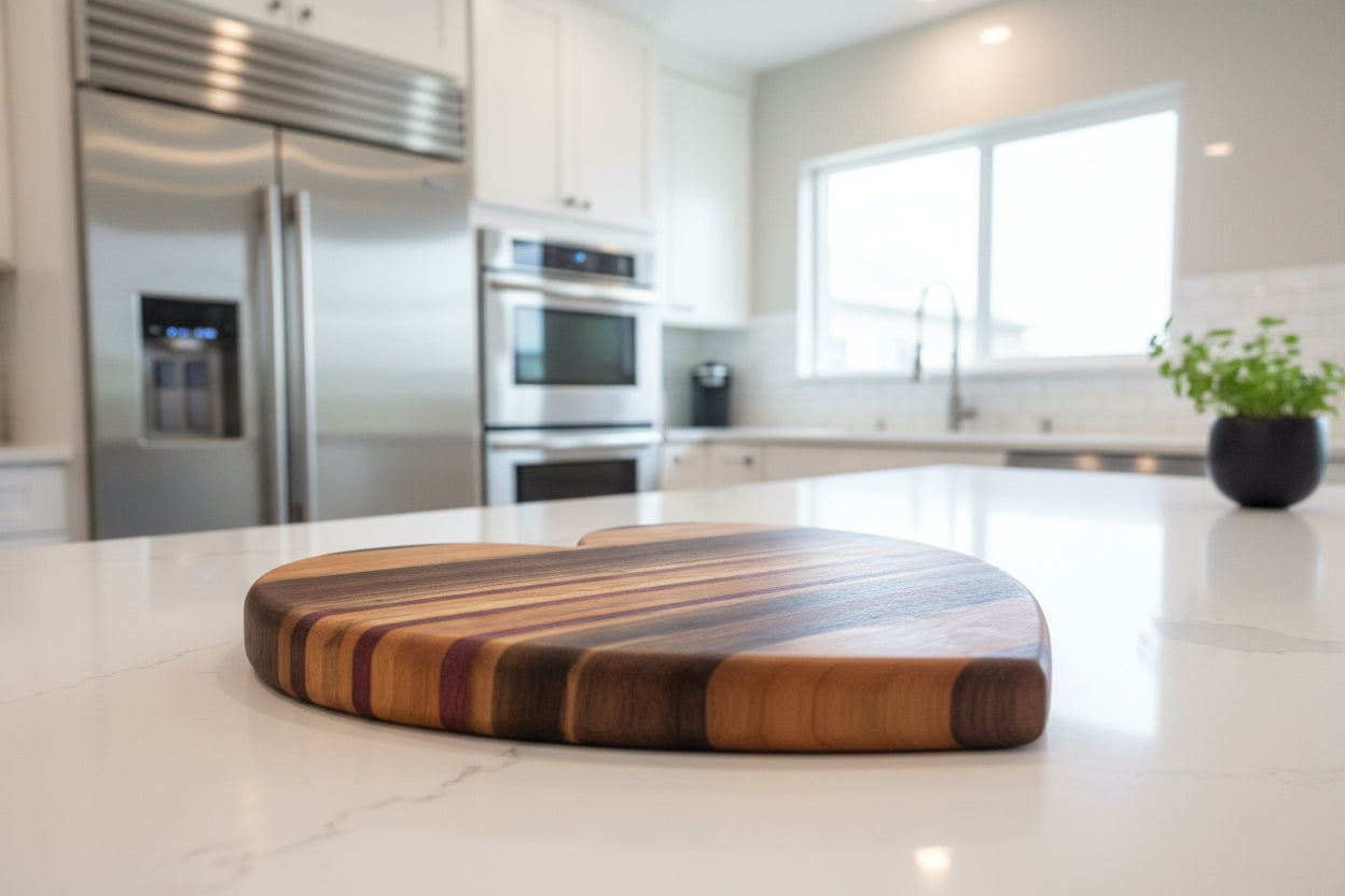 Ambrosia Maple, Cherry, Purpleheart & Black Walnut Heart‑Shaped Cutting Board – 12" x 0.75"