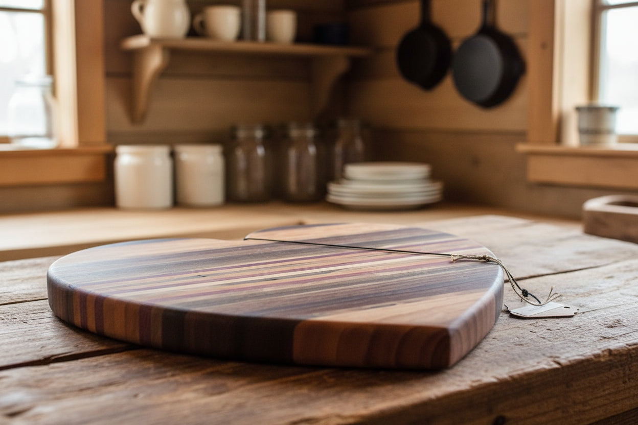 Ambrosia Maple, Cherry, Purpleheart & Black Walnut Heart‑Shaped Cutting Board – 12" x ¾"