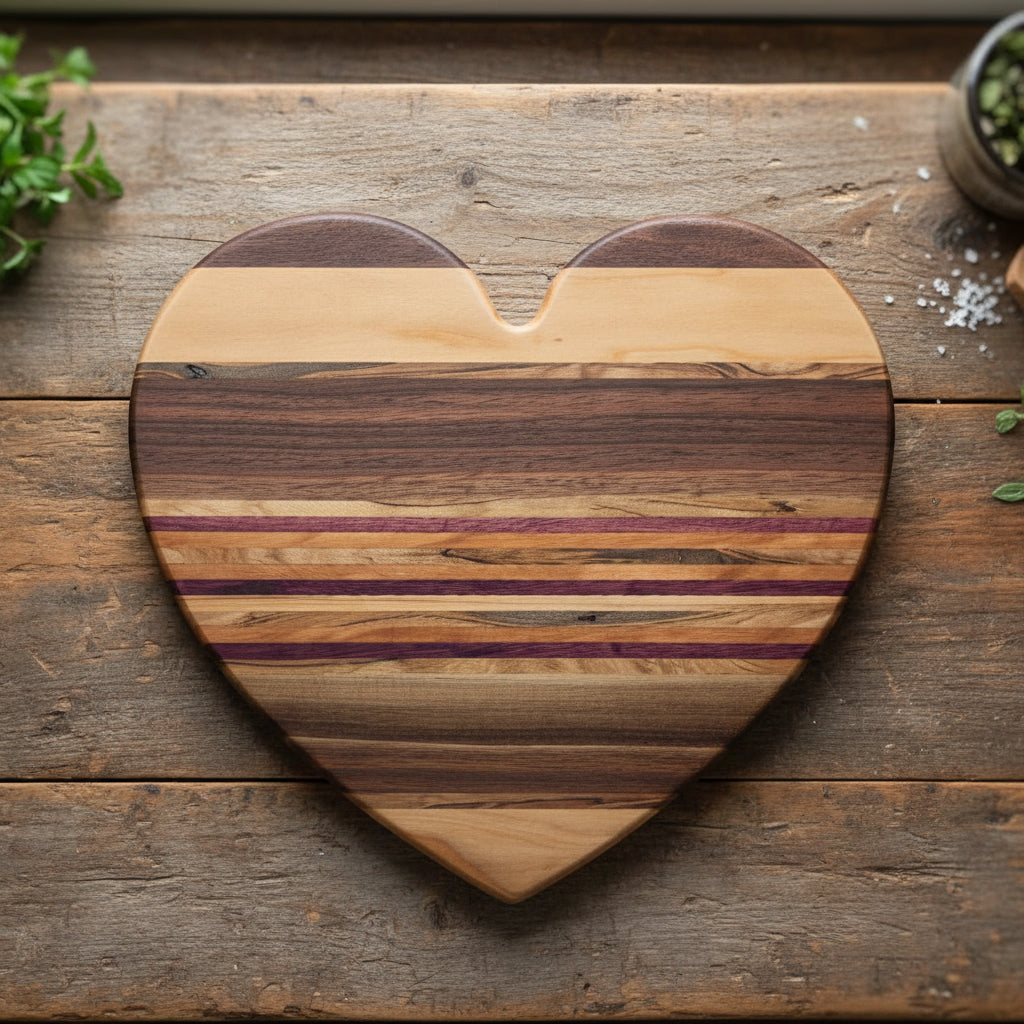 Ambrosia Maple, Cherry, Purpleheart & Black Walnut Heart‑Shaped Cutting Board – 12" x ¾"