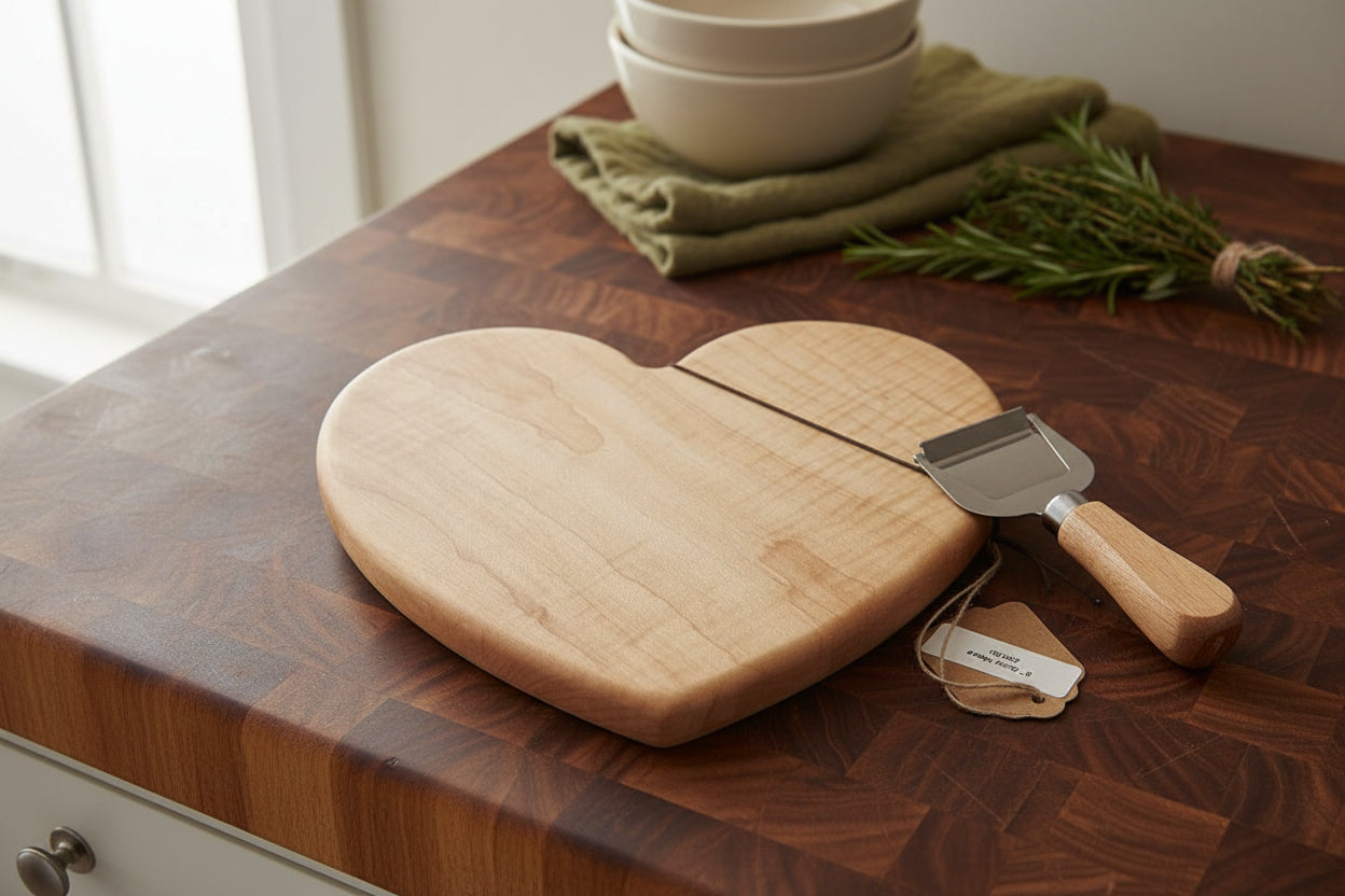 Handcrafted 8" Curly Maple Heart‑Shaped Charcuterie & Cutting Board