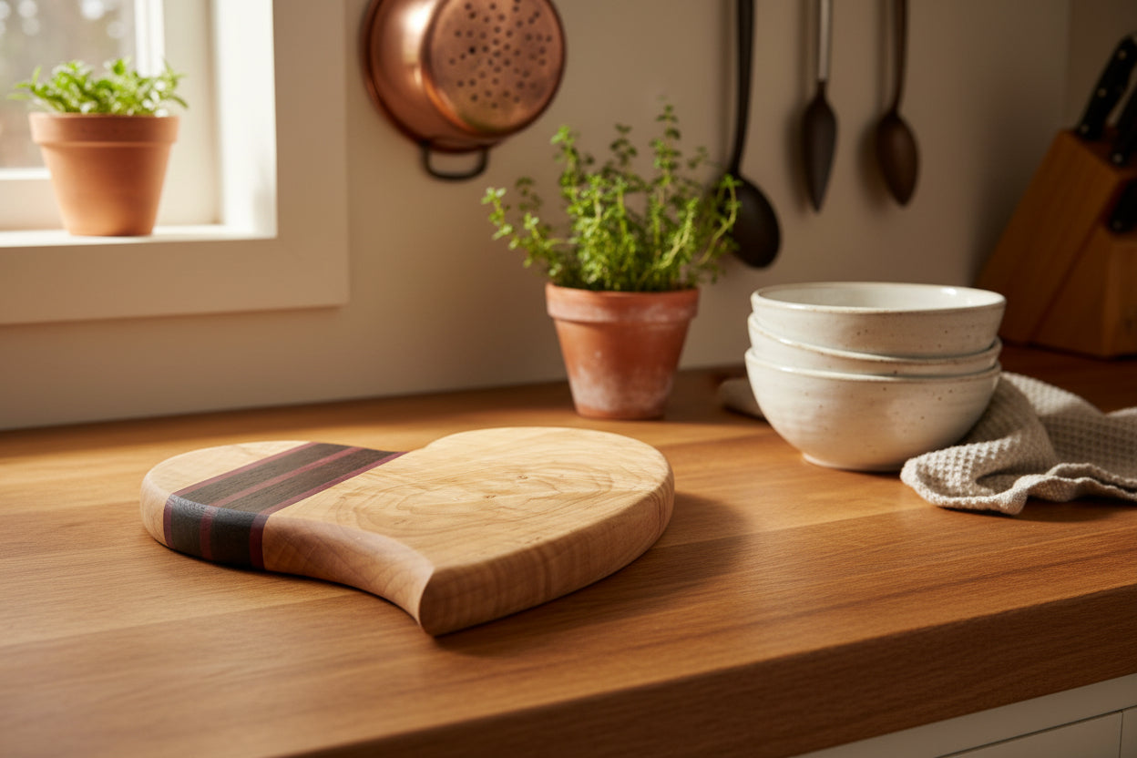 10" Curvy Heart‑Shaped Cutting Board — Curly Maple, Purpleheart & Wenge