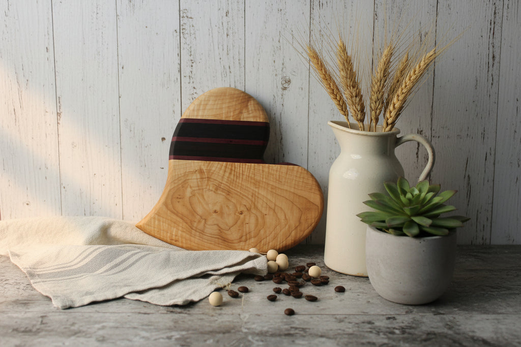 10" Curvy Heart‑Shaped Cutting Board — Curly Maple, Purpleheart & Wenge