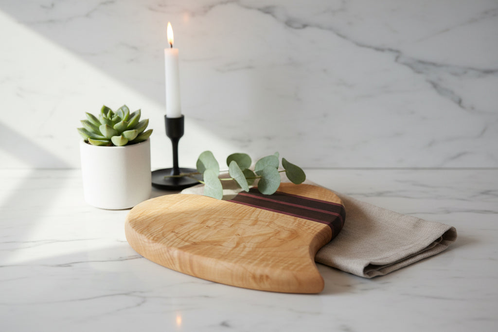 10" Curvy Heart‑Shaped Cutting Board — Curly Maple, Purpleheart & Wenge