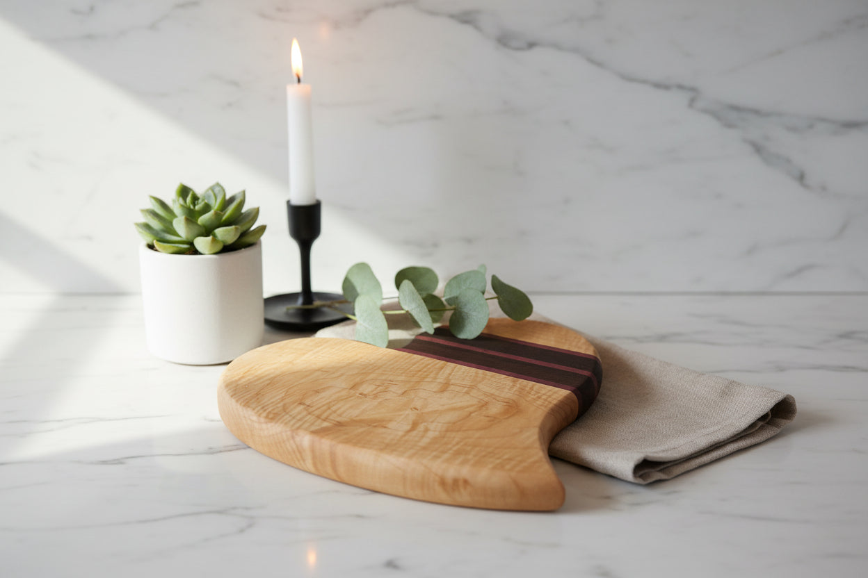 10" Curvy Heart‑Shaped Cutting Board — Curly Maple, Purpleheart & Wenge