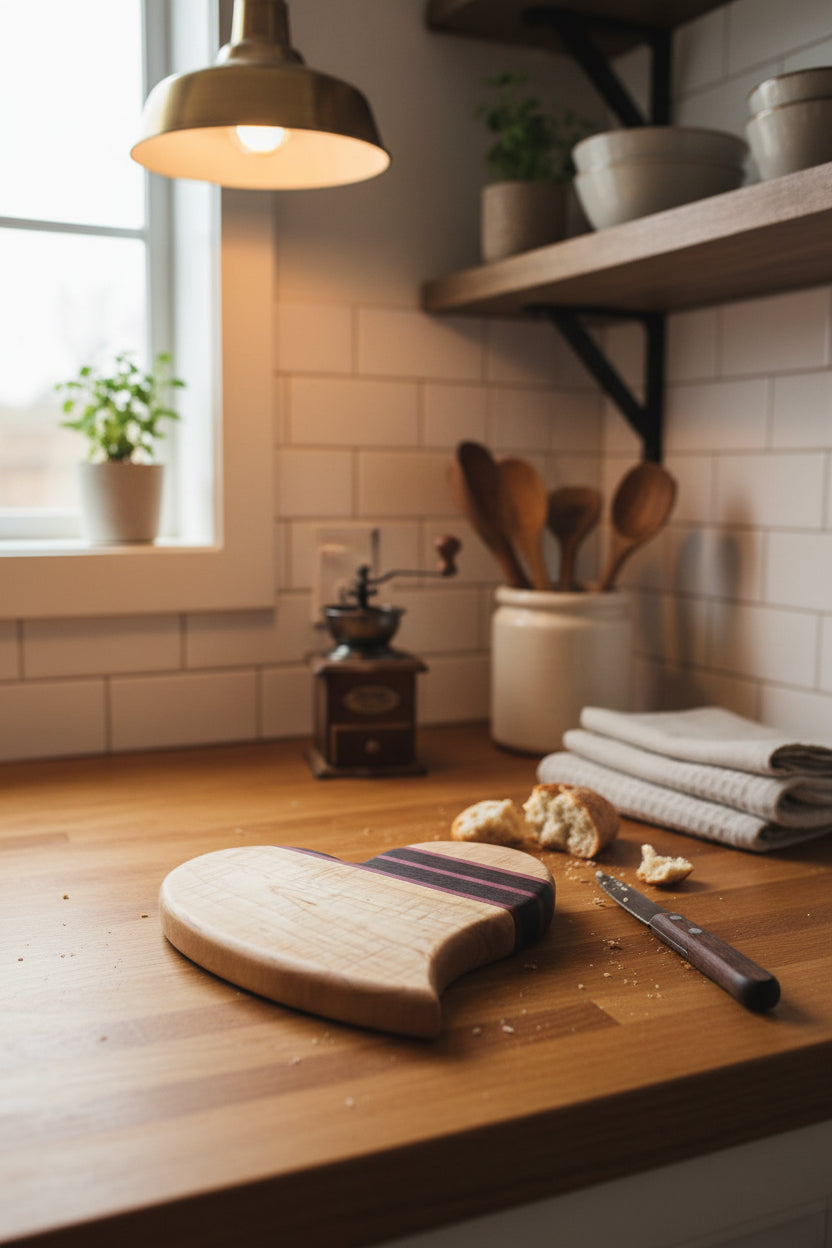 10" Curved Heart‑Shaped Cutting Board — Curly Maple, Purpleheart & Wenge