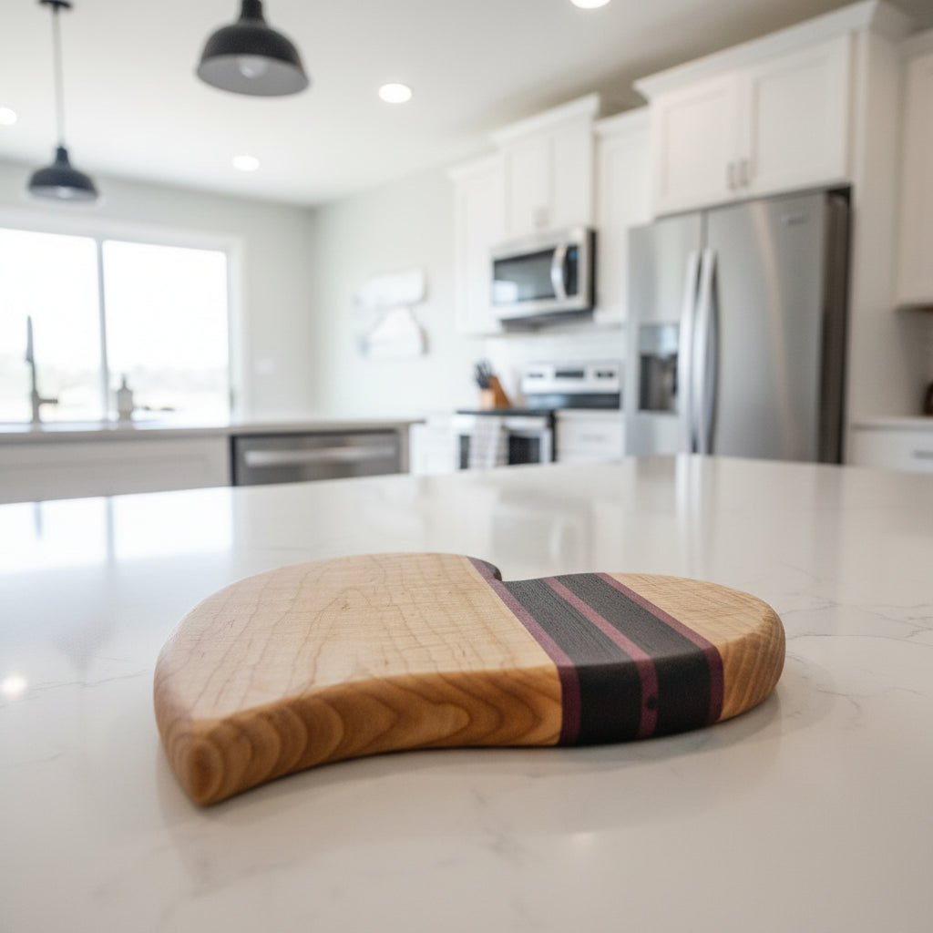 10" Curved Heart‑Shaped Cutting Board — Curly Maple, Purpleheart & Wenge
