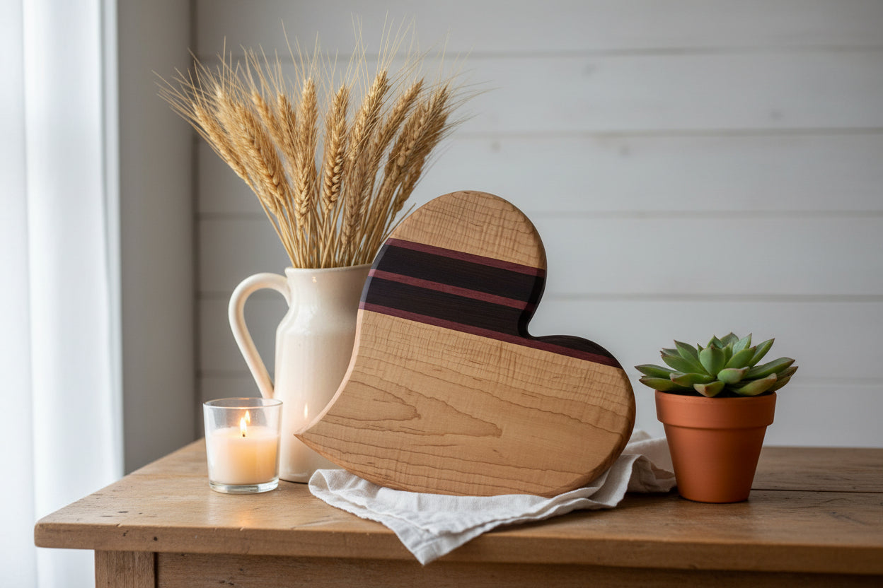 10" Curved Heart‑Shaped Cutting Board — Curly Maple, Purpleheart & Wenge