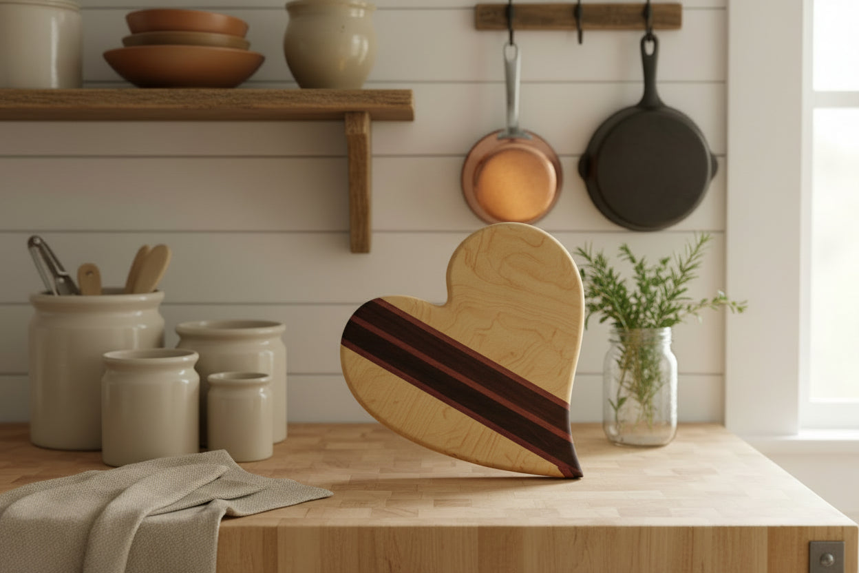 10" Curved Heart‑Shaped Cutting Board — Curly Maple, Purpleheart & Wenge