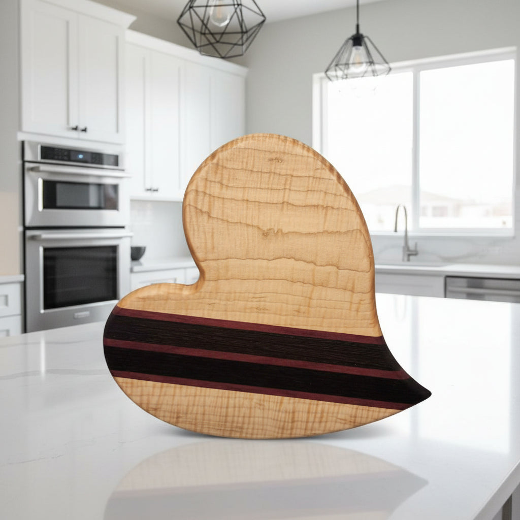 10" Curved Heart‑Shaped Cutting Board — Curly Maple, Purpleheart & Wenge