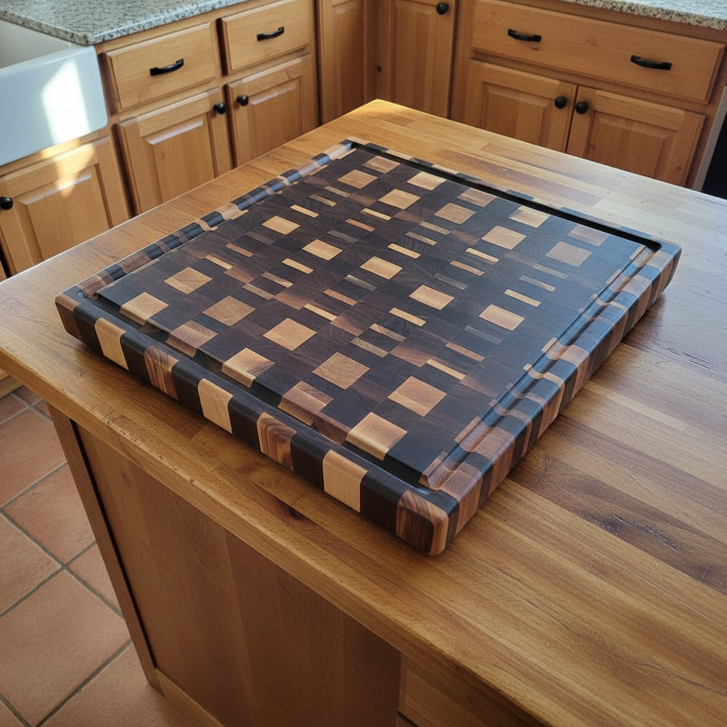 Handcrafted XL End Grain Cutting Board – 17.5" × 17.5" × 1.5" Walnut & Maple with Juice Groove + Rubber Feet