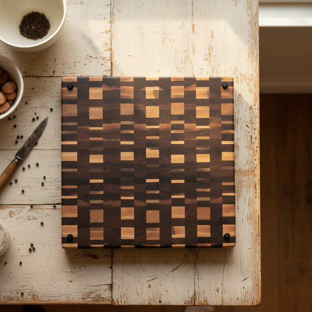 Handcrafted XL End Grain Cutting Board – 17.5" × 17.5" × 1.5" Walnut & Maple with Juice Groove + Rubber Feet