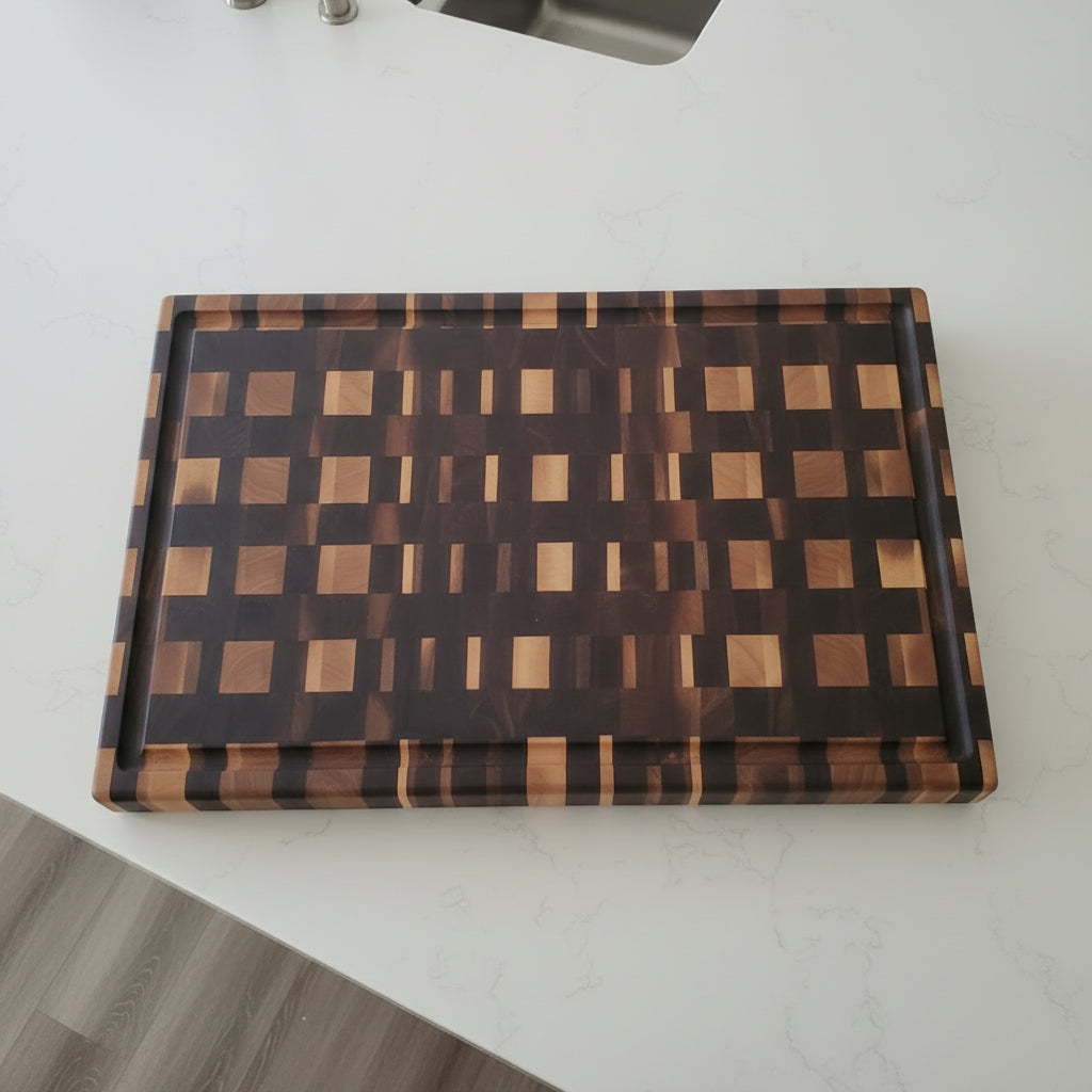 Handcrafted XL End Grain Cutting Board – 17.5" × 17.5" × 1.5" Walnut & Maple with Juice Groove + Rubber Feet