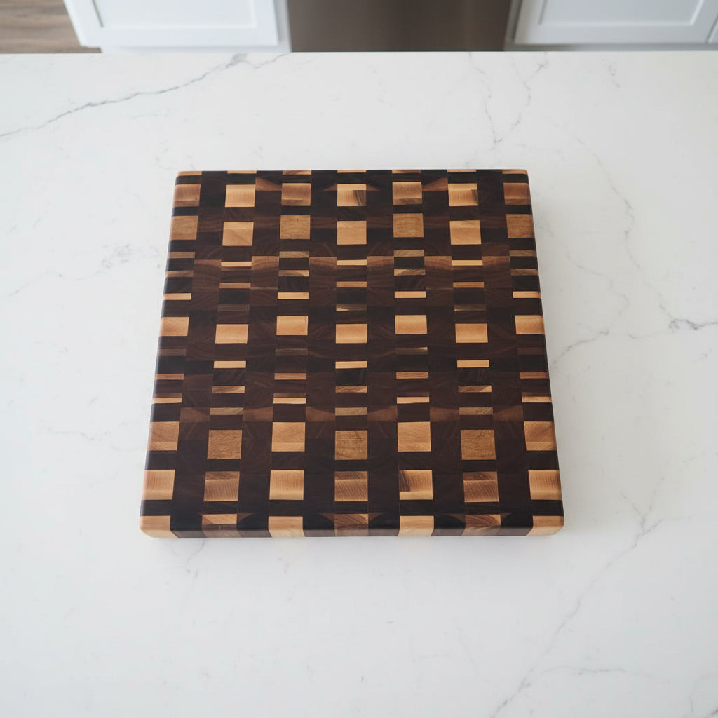 Handcrafted XL End Grain Cutting Board – 17.5" × 17.5" × 1.5" Walnut & Maple with Juice Groove + Rubber Feet