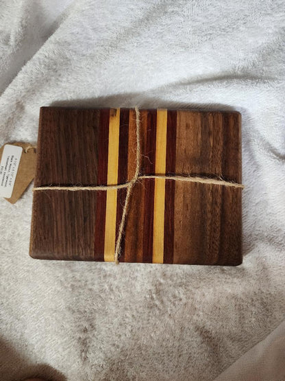 Handcrafted Black Walnut, Tigerwood, Yellowheart & Bloodwood Mini Cutting Board | Small Chopping Board