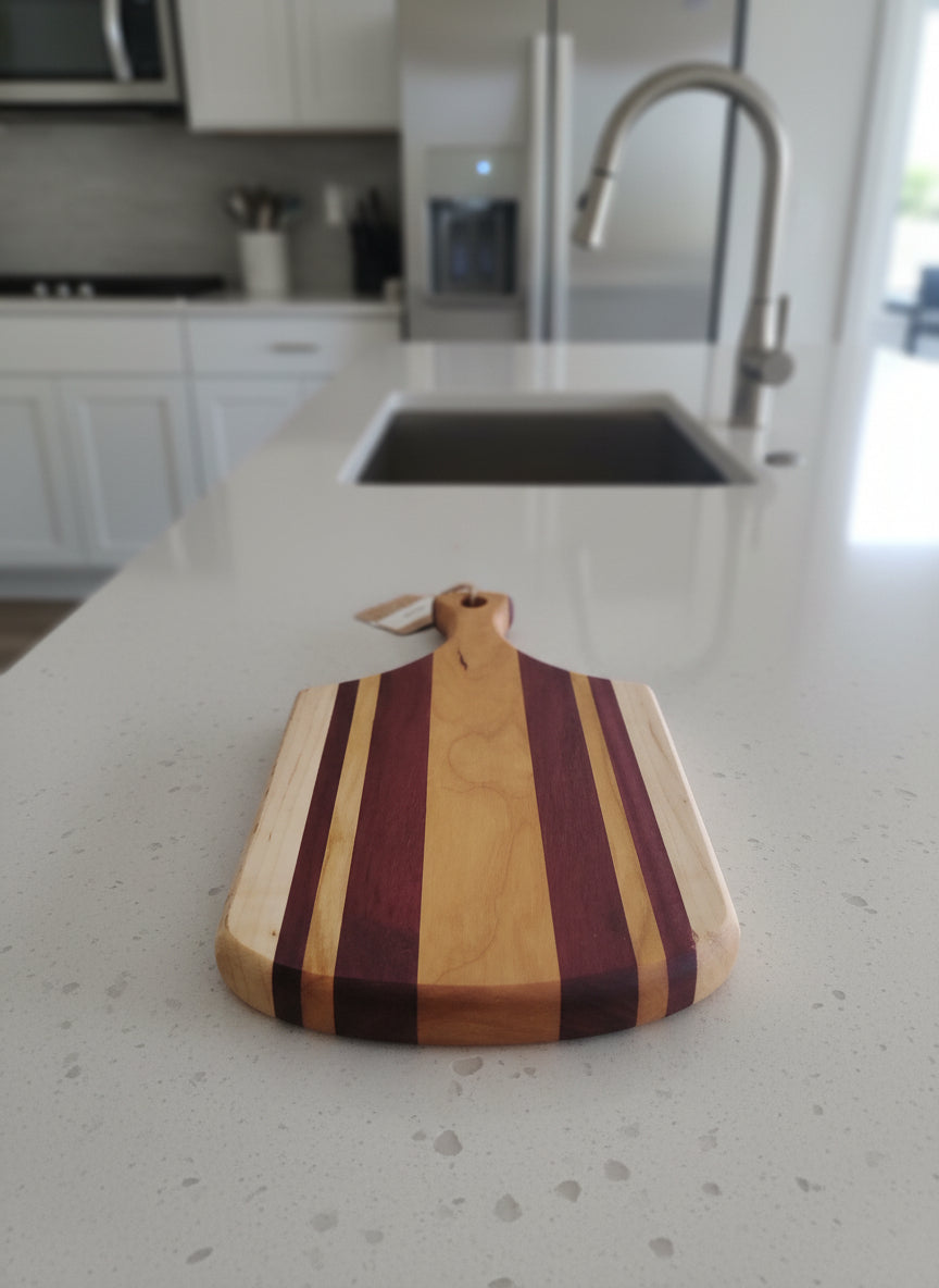 Handmade Mini Cutting Board with Handle – Curly Maple, Cherry & Purple Heart (5.5" x 7", 10" with Handle)