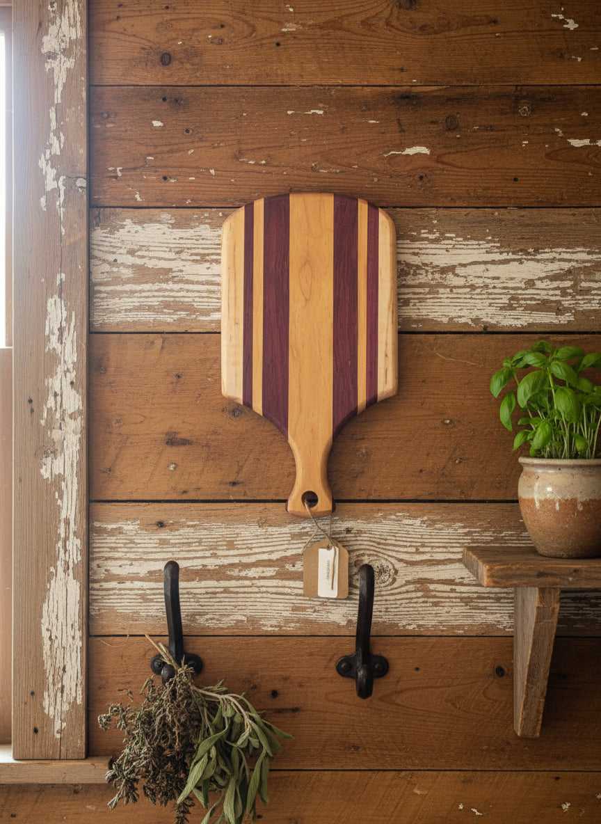 Handmade Mini Cutting Board with Handle – Curly Maple, Cherry & Purple Heart (5.5" x 7", 10" with Handle)