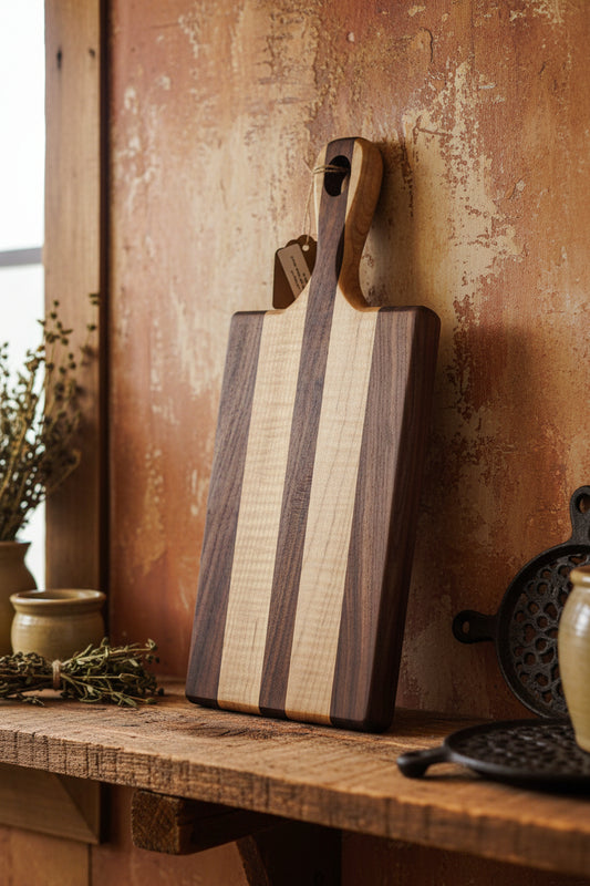 5.75 × 12 × 0.675" Curly Maple & Black Walnut Cutting Board with Handle
