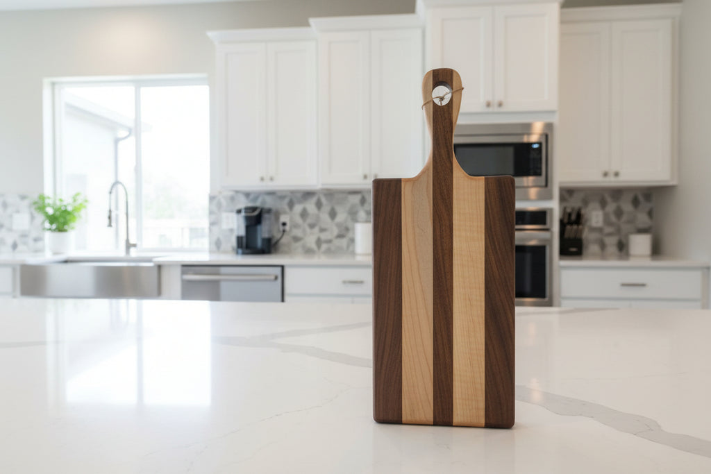 5.75 × 12 × 0.675" Curly Maple & Black Walnut Cutting Board with Handle