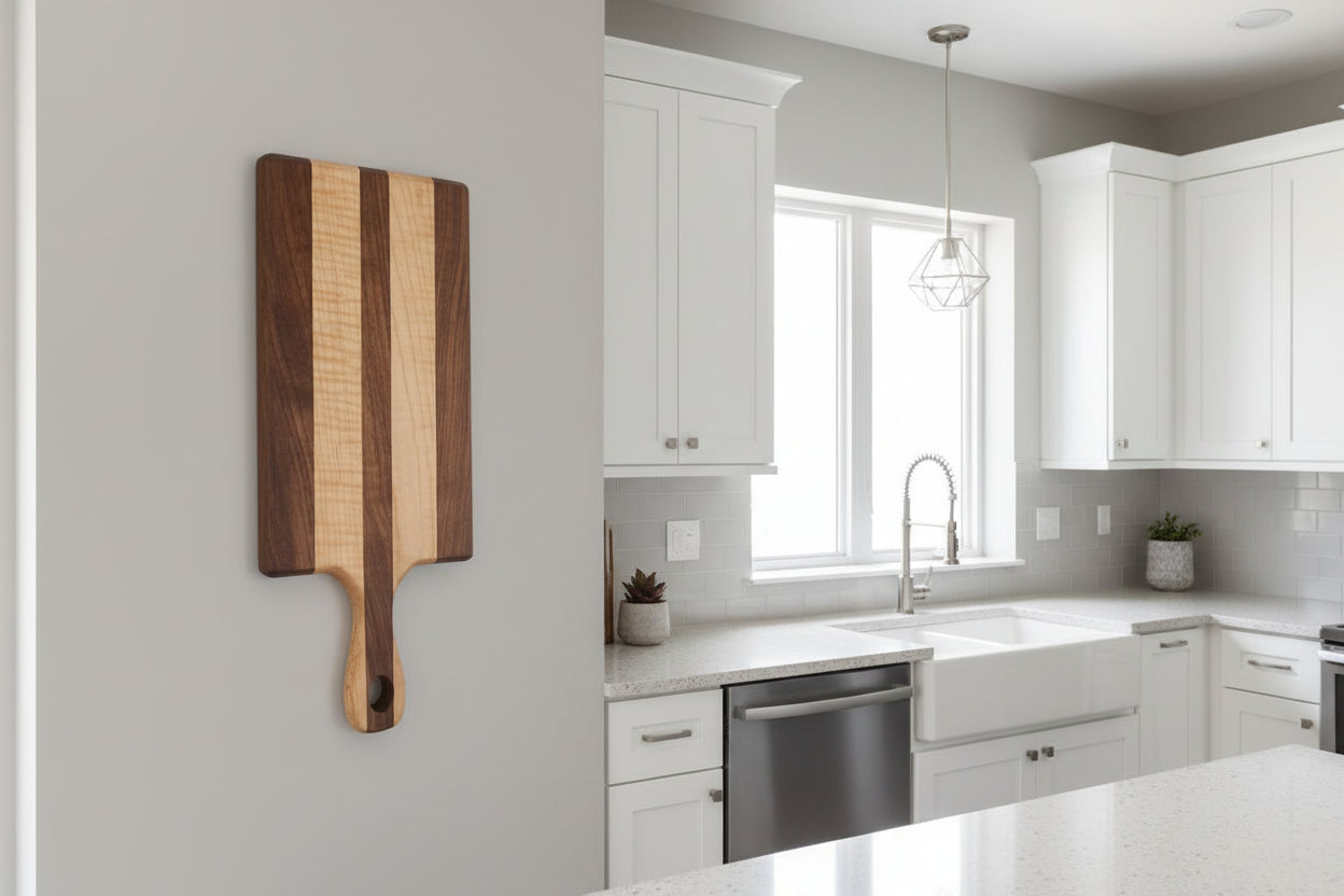 5.75 × 12 × 0.675" Curly Maple & Black Walnut Cutting Board with Handle