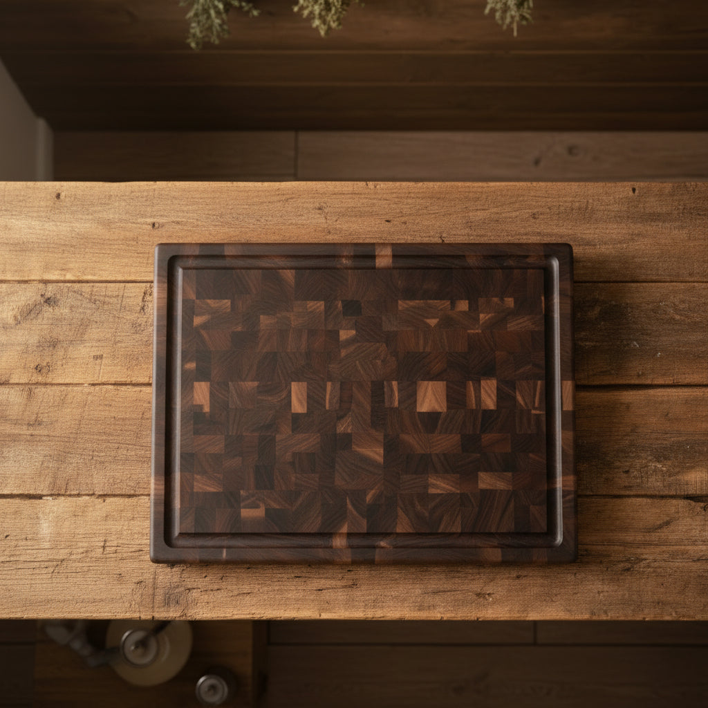 Mosaid end grain cutting board with juice groove