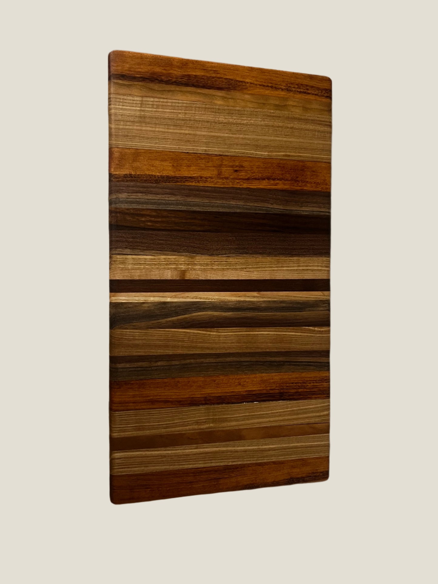 Handmade 8"x15"x0.875" Breadboard – A Stunning Blend of Ash, Tigerwood, and Black Walnut