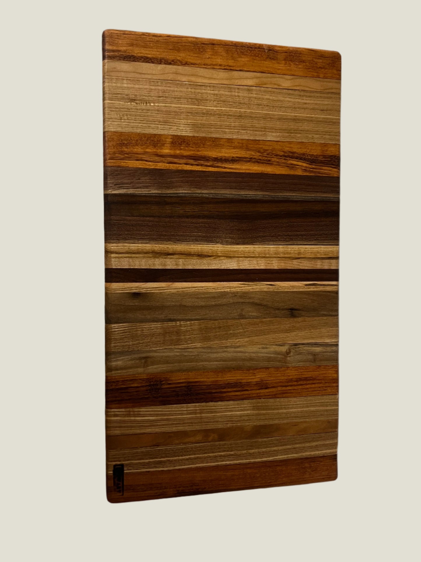 Handmade 8"x15"x0.875" Breadboard – A Stunning Blend of Ash, Tigerwood, and Black Walnut