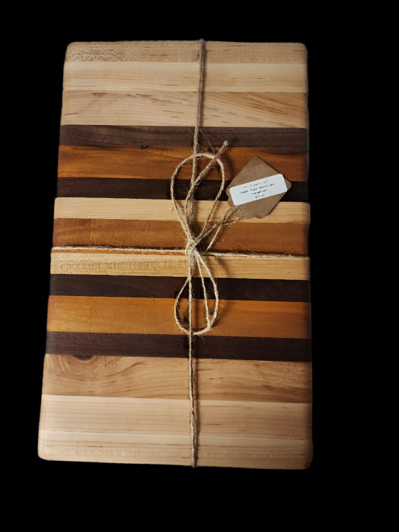 Handcrafted 7.5" x 16" x 1.5" Maple, Black Walnut & Orange Heart Cutting Board – Elegant and Durable Kitchen Art