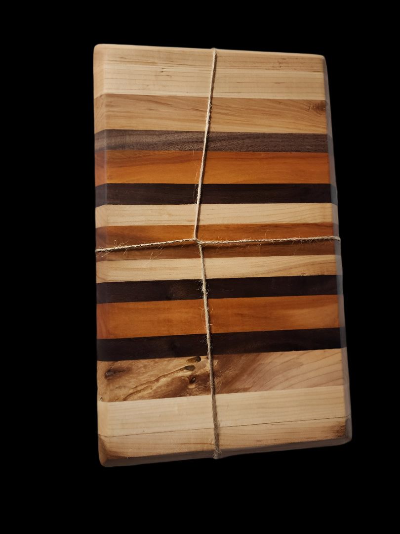 Handcrafted 7.5" x 16" x 1.5" Maple, Black Walnut & Orange Heart Large Cutting Board – A Striking Blend of Artistry and Functionality