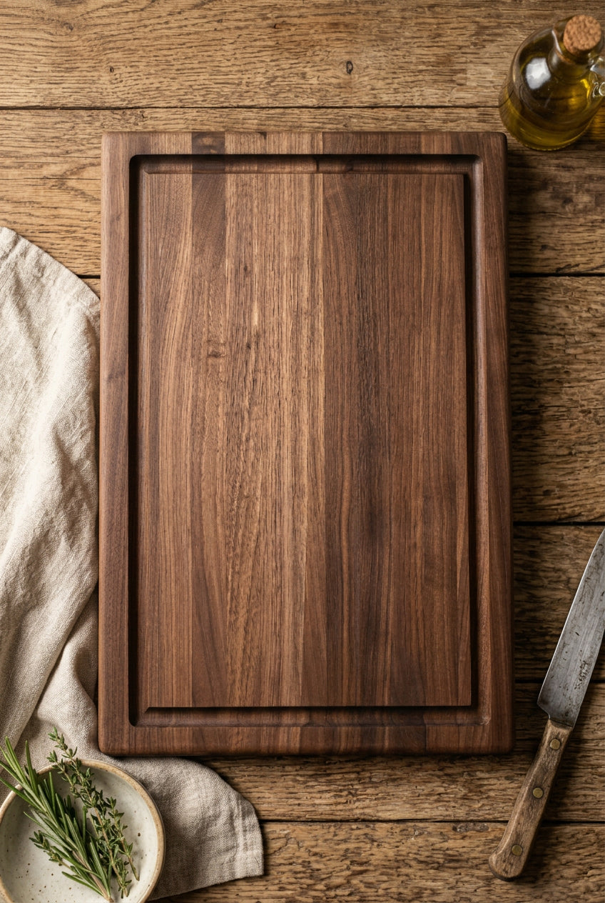 Handcrafted 11×17×1.5-inch American Black Walnut cutting board featuring rich dark hardwood grain.