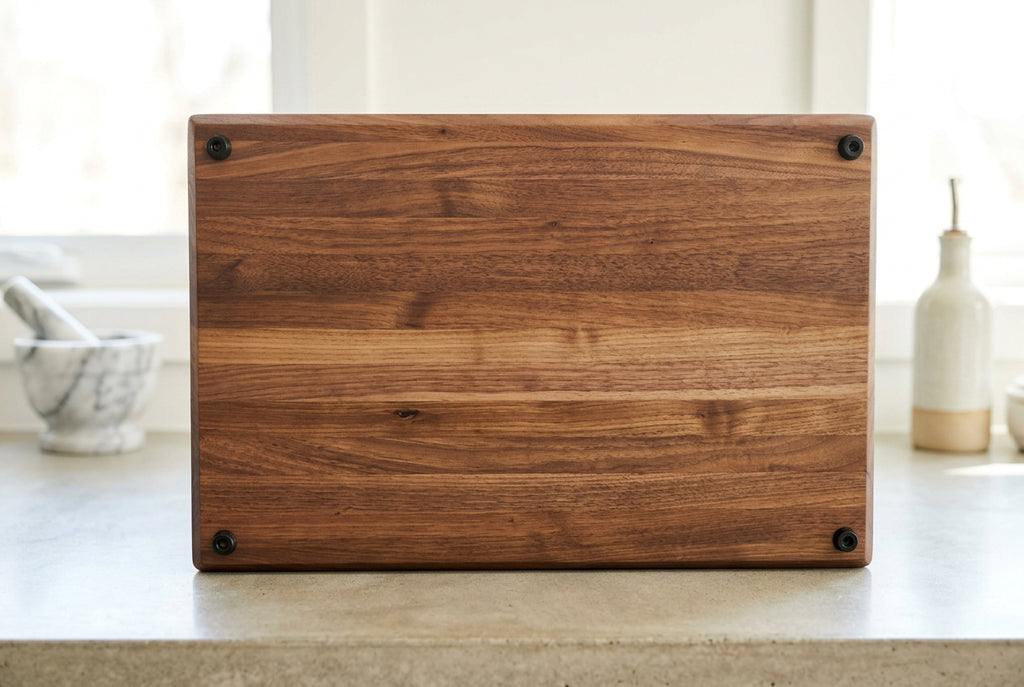 Handcrafted 11×17×1.5-inch American Black Walnut cutting board featuring rich dark hardwood grain.