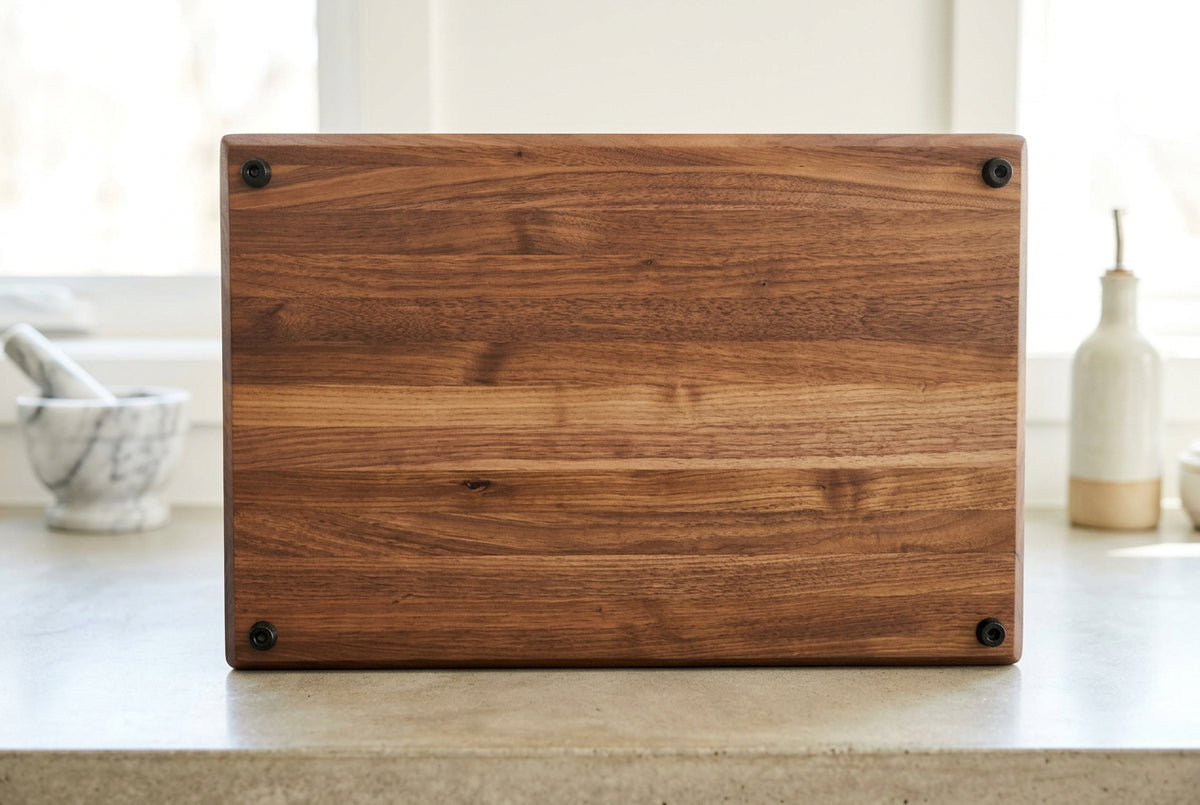 Handcrafted 11×17×1.5-inch American Black Walnut cutting board featuring rich dark hardwood grain.