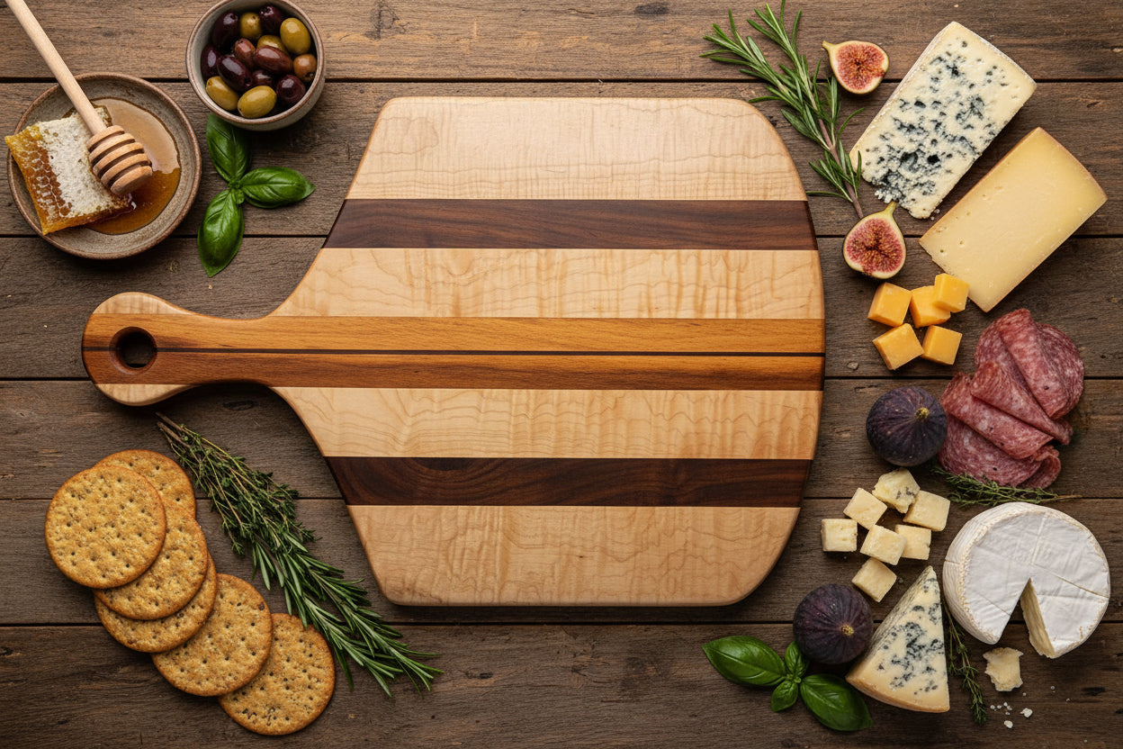 Quilted Maple, Black Walnut & Gonçalo Alves Charcuterie Board – 14" x 21" x 0.75"