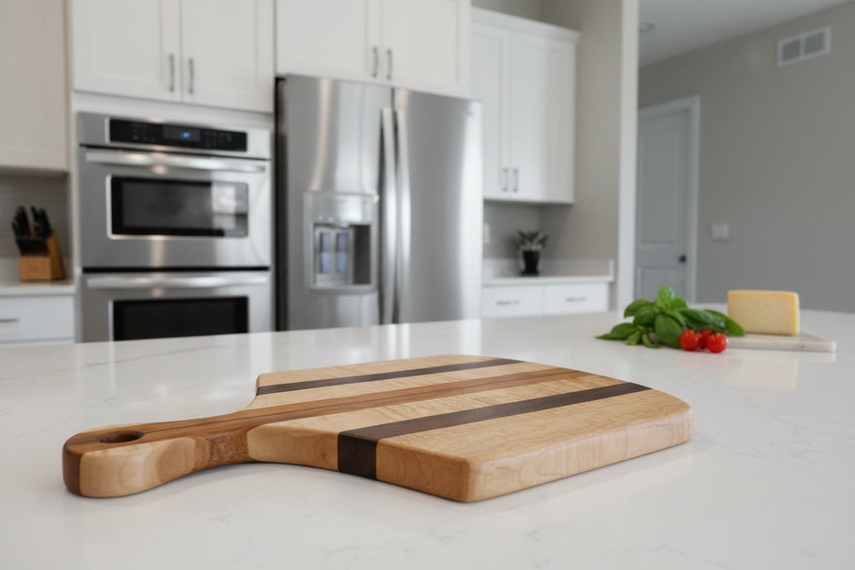 Quilted Maple, Black Walnut & Gonçalo Alves Charcuterie Board – 14" x 21" x 0.75"