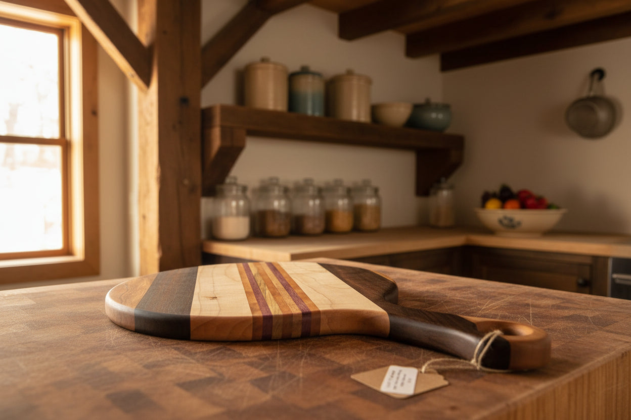 Cherry, Black Walnut, Ambrosia Maple & Purpleheart Cutting Board with Handle – 9" x 0.75" (14" Total Length)