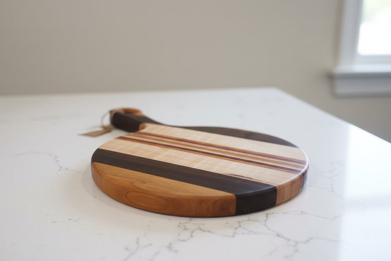 Cherry, Black Walnut, Ambrosia Maple & Purpleheart Cutting Board with Handle – 9" x 0.75" (14" Total Length)