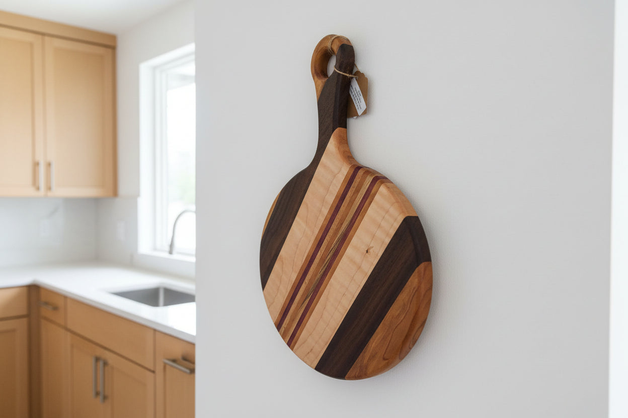 Cherry, Black Walnut, Ambrosia Maple & Purpleheart Cutting Board with Handle – 9" x 0.75" (14" Total Length)