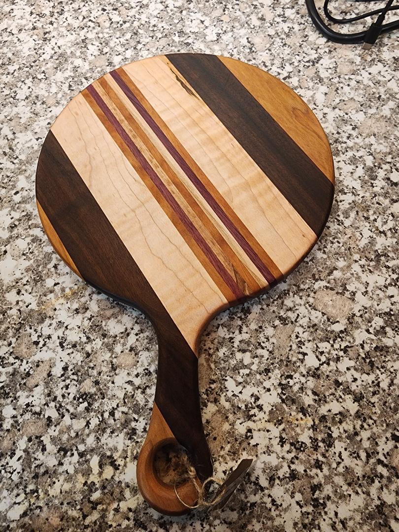 Cherry, Black Walnut, Ambrosia Maple & Purpleheart Cutting Board with Handle – 9" x 0.75" (14" Total Length)