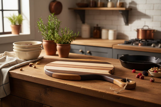 Cherry, Black Walnut, Ambrosia Maple & Purpleheart Cutting Board – 9" x 0.75" (14" Total Length)