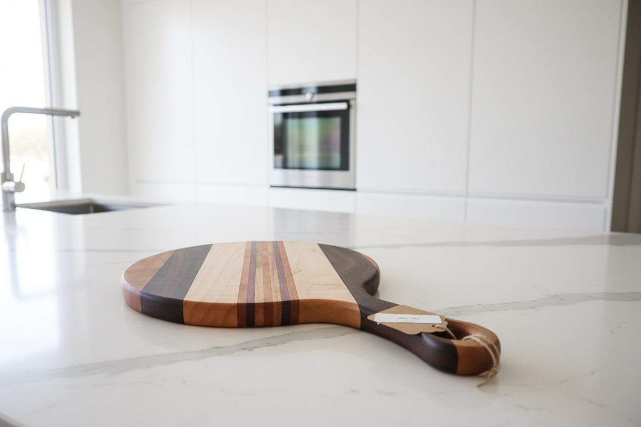 Cherry, Black Walnut, Ambrosia Maple & Purpleheart Cutting Board – 9" x 0.75" (14" Total Length)