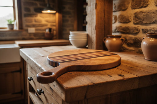 Rustic Multi‑Wood Cutting Board with Handle — Cherry, Black Walnut, Ambrosia Maple & Purpleheart