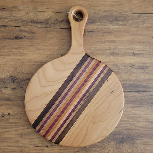 Rustic Multi‑Wood Cutting Board with Handle — Cherry, Black Walnut, Ambrosia Maple & Purpleheart