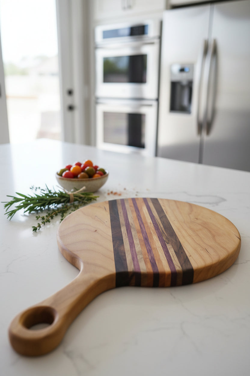 Rustic Multi‑Wood Cutting Board with Handle — Cherry, Black Walnut, Ambrosia Maple & Purpleheart