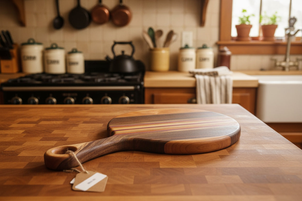 Cherry, Black Walnut, Ambrosia Maple & Purpleheart Cutting Board with Handle – 9" x 0.75" (14" Total Length)
