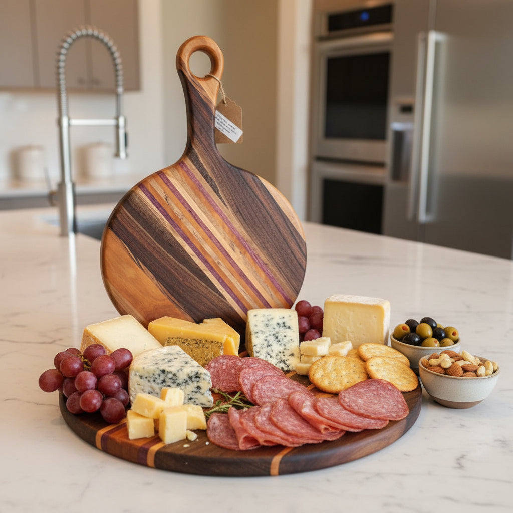 Cherry, Black Walnut, Ambrosia Maple & Purpleheart Cutting Board with Handle – 9" x 0.75" (14" Total Length)