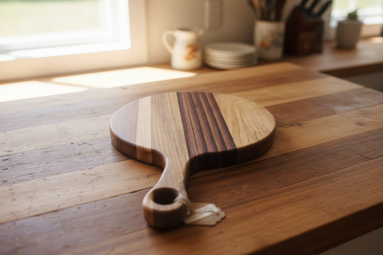 Ambrosia Maple, Purpleheart, Padauk, Wenge & Honduran Mahogany Cutting Board with Handle – 9" x 0.75" (14" Total Length)