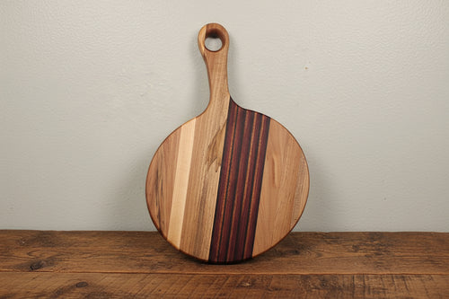 Ambrosia Maple, Purpleheart, Padauk, Wenge & Honduran Mahogany Cutting Board with Handle – 9" x 0.75" (14" Total Length)