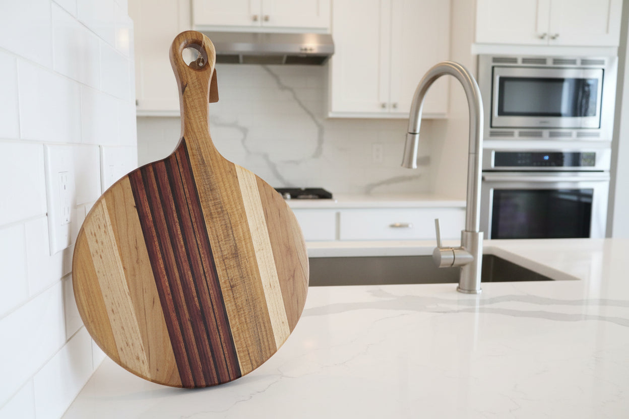 Ambrosia Maple, Purpleheart, Padauk, Wenge & Honduran Mahogany Cutting Board with Handle – 9" x 0.75" (14" Total Length)