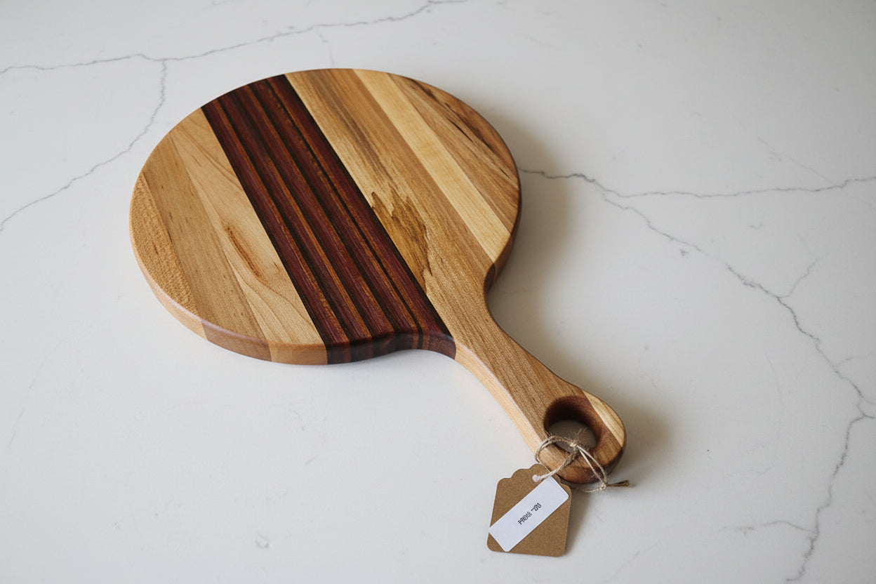 Ambrosia Maple, Purpleheart, Padauk, Wenge & Honduran Mahogany Cutting Board with Handle – 9" x 0.75" (14" Total Length)